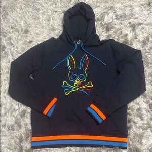 Psycho Bunny Black Hoodie with Neon Skull and Bunny Design size XL